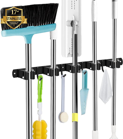 AceMining Broom Holder Wall Mount, 5 Racks 4 Hooks Heavy Duty Mop Organizer | Mop Holder Wall Mount and Broom Hanger for Garage, Laundry Room, Kitchen and Utility Storage