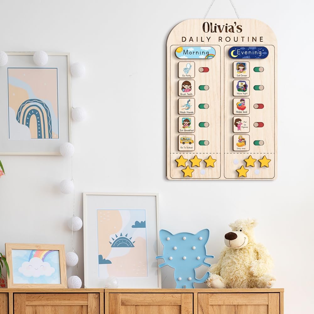 TinyKidz Wooden Daily Routine Chart 11x15, Schedule Board for Kids, Wooden Chore Chart for Kids, Responsibilities Chart for Toddlers, Morning Bedtime Routine for Toddlers