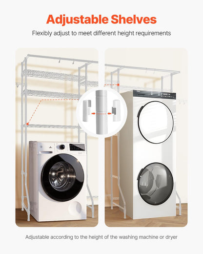 VEVOR Over the Washer and Dryer Storage Shelf, 5 Tier Laundry Room Drying Rack with Hanger Rod and Hooks, Adjustable Over Washer and Dryer Shelves, Laundry Room Shelf Storage Space Saver, White