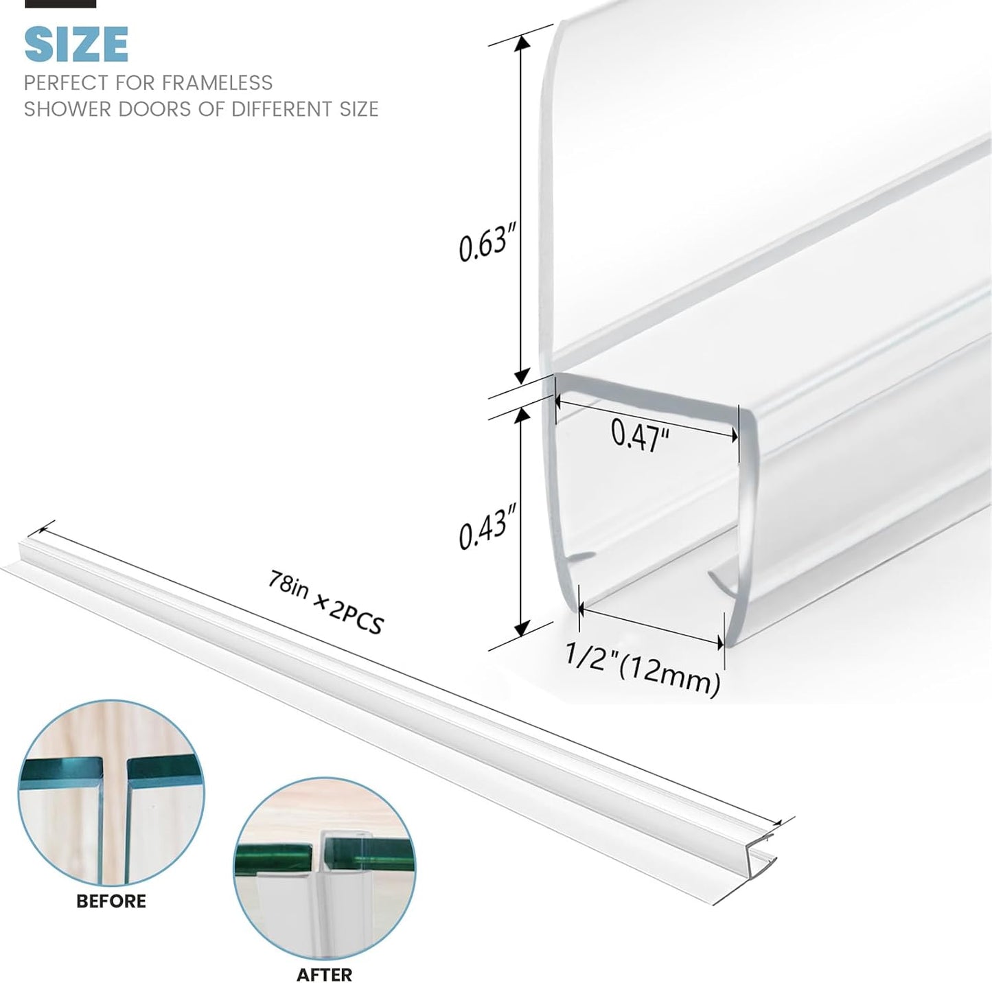 2-Pack 5/16" x 39" Shower Door Bottom Seal Strip, Shower Door Sweep | Frameless Glass Door Seal Strip, Stop Shower Leaks for 5/16" (8mm) Thick Glass