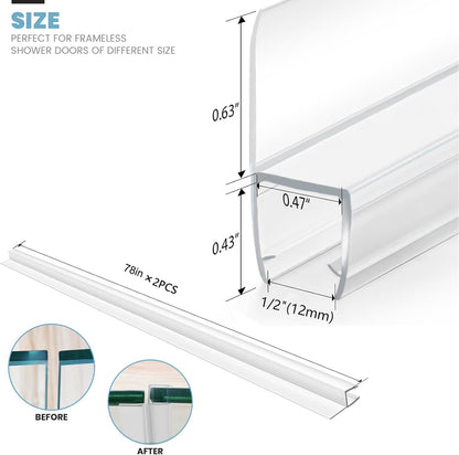 2-Pack 5/16" x 39" Shower Door Bottom Seal Strip, Shower Door Sweep | Frameless Glass Door Seal Strip, Stop Shower Leaks for 5/16" (8mm) Thick Glass