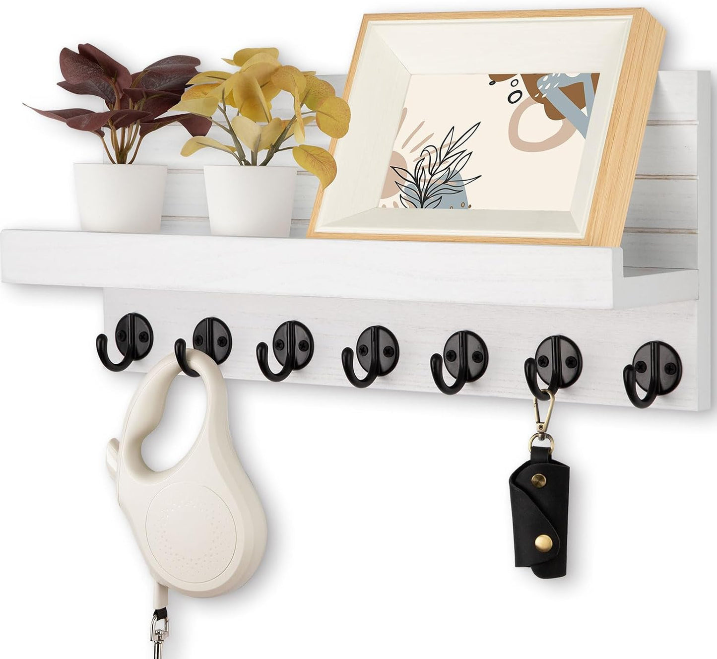 Lwenki Key Holder Wall Mount, Entryway Key and Mail Holder with 7 Sturdy Hooks for Sunglasses, Dog Leash, Decorative Wall Shelf with Mounting Hardware, 15”W x 6.7”H x 4.2”D