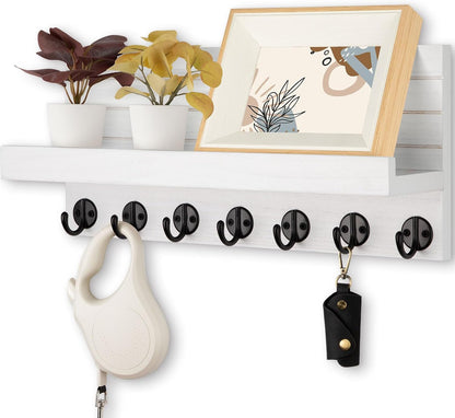 Lwenki Key Holder Wall Mount, Entryway Key and Mail Holder with 7 Sturdy Hooks for Sunglasses, Dog Leash, Decorative Wall Shelf with Mounting Hardware, 15”W x 6.7”H x 4.2”D