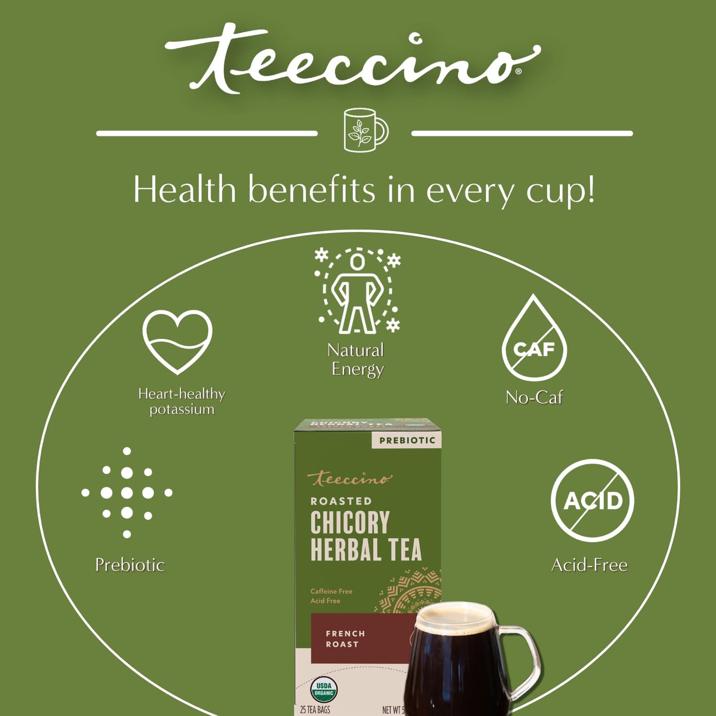 Teeccino Herbal Tea Sampler Assortment - 12 Tea Bags - Maca Chocolaté, French Roast, Hazelnut, Vanilla Nut - Roasted Caffeine Free Herbal Tea, Prebiotic for Natural Energy
