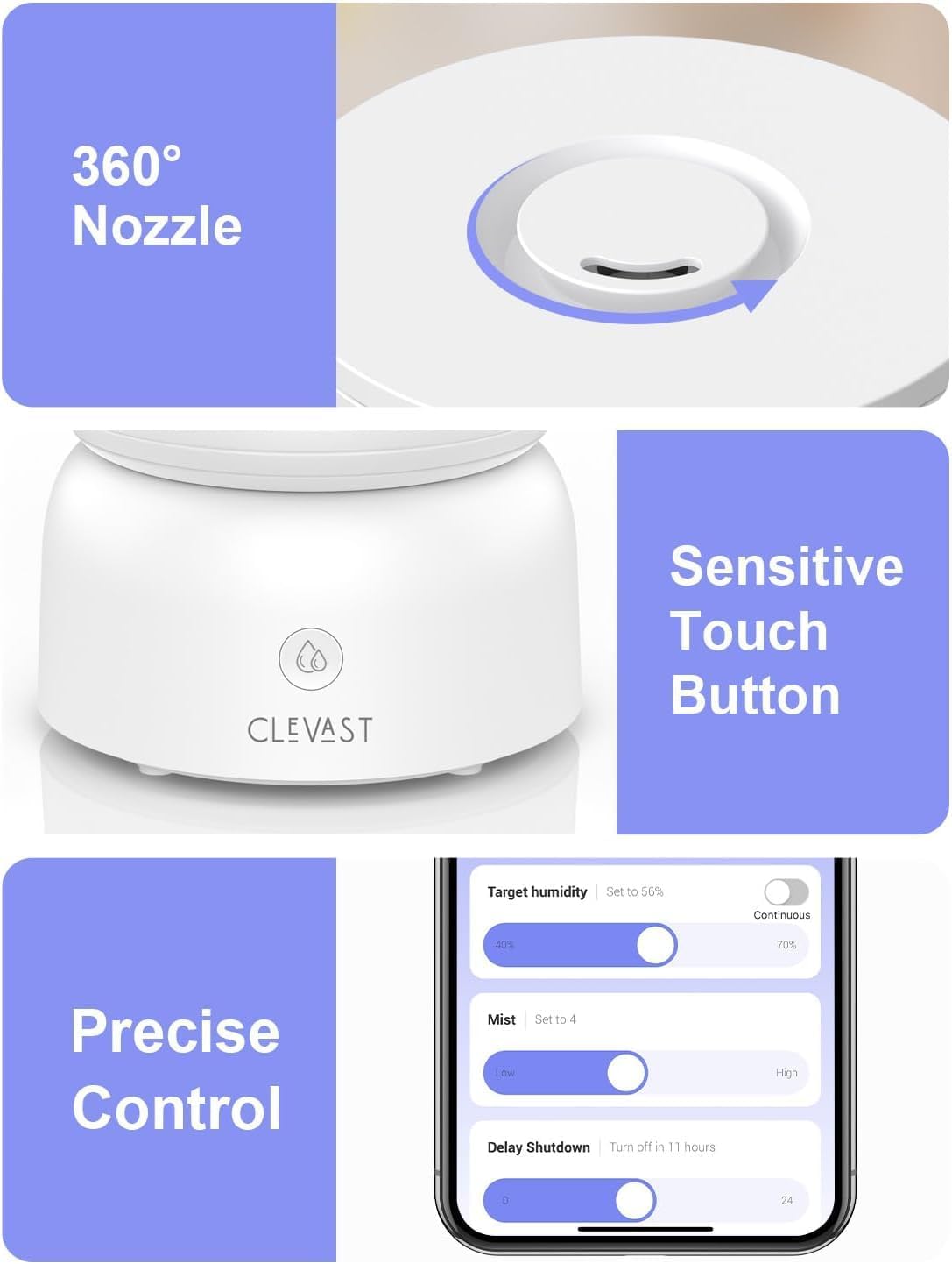 CLEVAST Smart Humidifier for Bedroom, 3L Top Fill Cool Mist Ultrasonic Air Humidifiers with Essential Oil Diffuser, Ultra Quiet for Baby Nursery, Plants, Home, Office (3 Liters Smart Version)