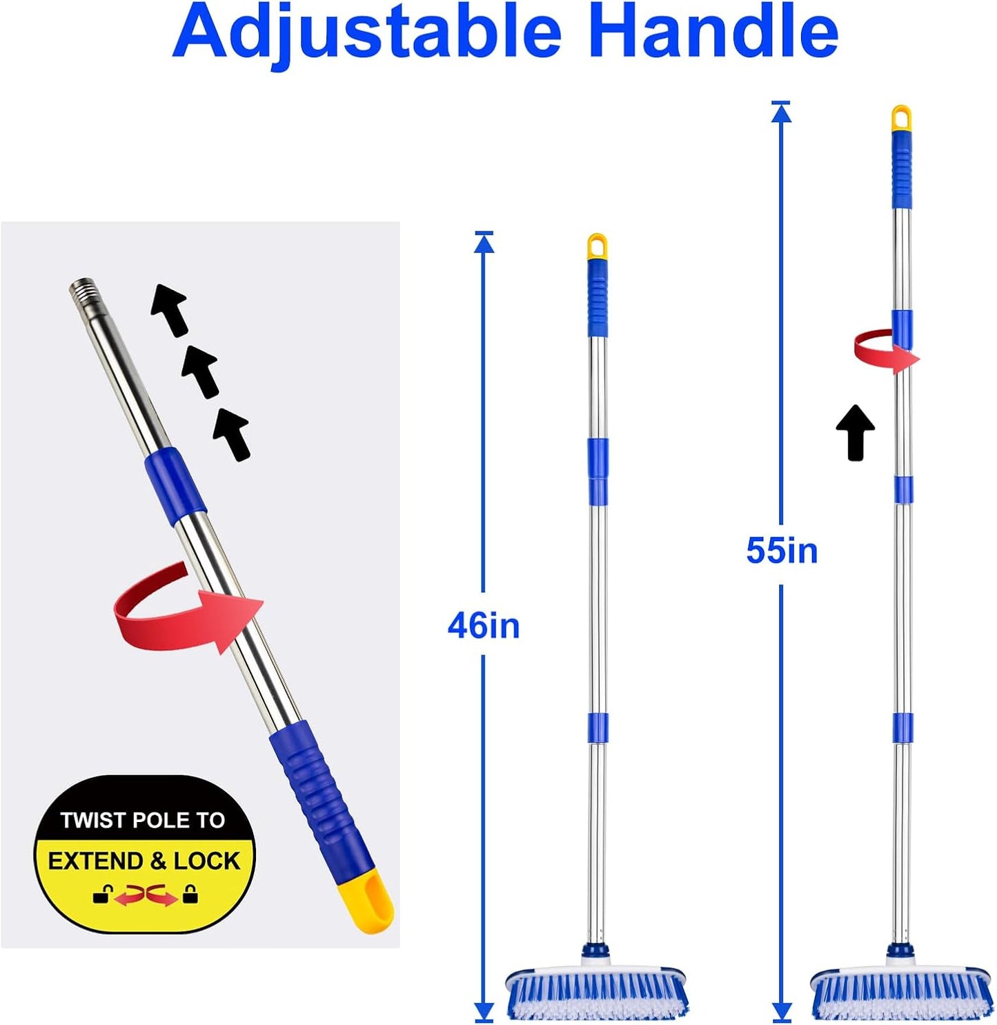 Floor Scrub Brush with Long Handle - 53" Deck & Grout Cleaner Brush Set for Tile, Marble, Stone, Bathroom, Patio, Garage, Deck & Floor Cleaning