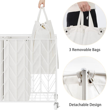 WOWLIVE Laundry Hamper 3 Section with Lid, 142L Laundry Basket with Wheels | Rolling Dirty Clothes Hamper with Removable Bags, Large Iron-Made Laundry Basket Organizer Laundry Sorter for Dorm, Beige