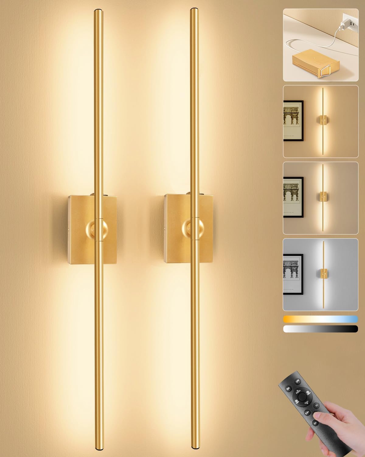 Battery Operated Wall Sconces Set of 2, Remote Control, 10000mAh, Black