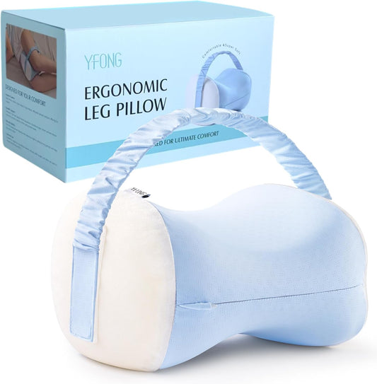 YFONG Knee Pillow for Side Sleepers, Breathable Memory Foam Leg Pillow Grey | Adjustable & Detachable Strap, Ergonomic Support for Back, Hip, Knee, Pressure Relief