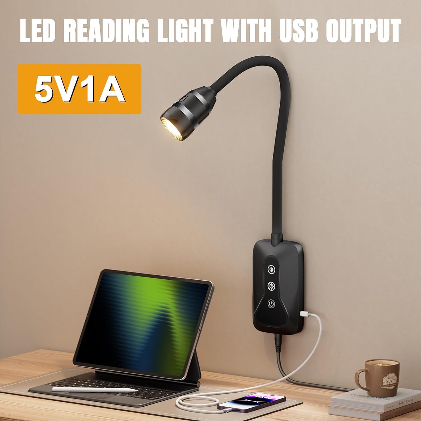 Wall Mounted LED Reading Light for Bed Headboard - 5 Color & Brightness Levels Dimmable Book Light with Touch/Wave Control, USB Output - Night Reading Lamp for Books in Bed