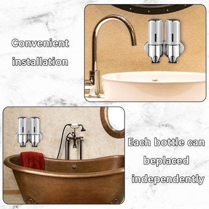 3 in 1 Chamber Wall Mounted Shampoo and Conditioner Dispenser (Silver) | No Drill Shower Soap Dispenser for Bathroom & Hotel Leak-Proof Pumps, Easy Installation and Large Capacity