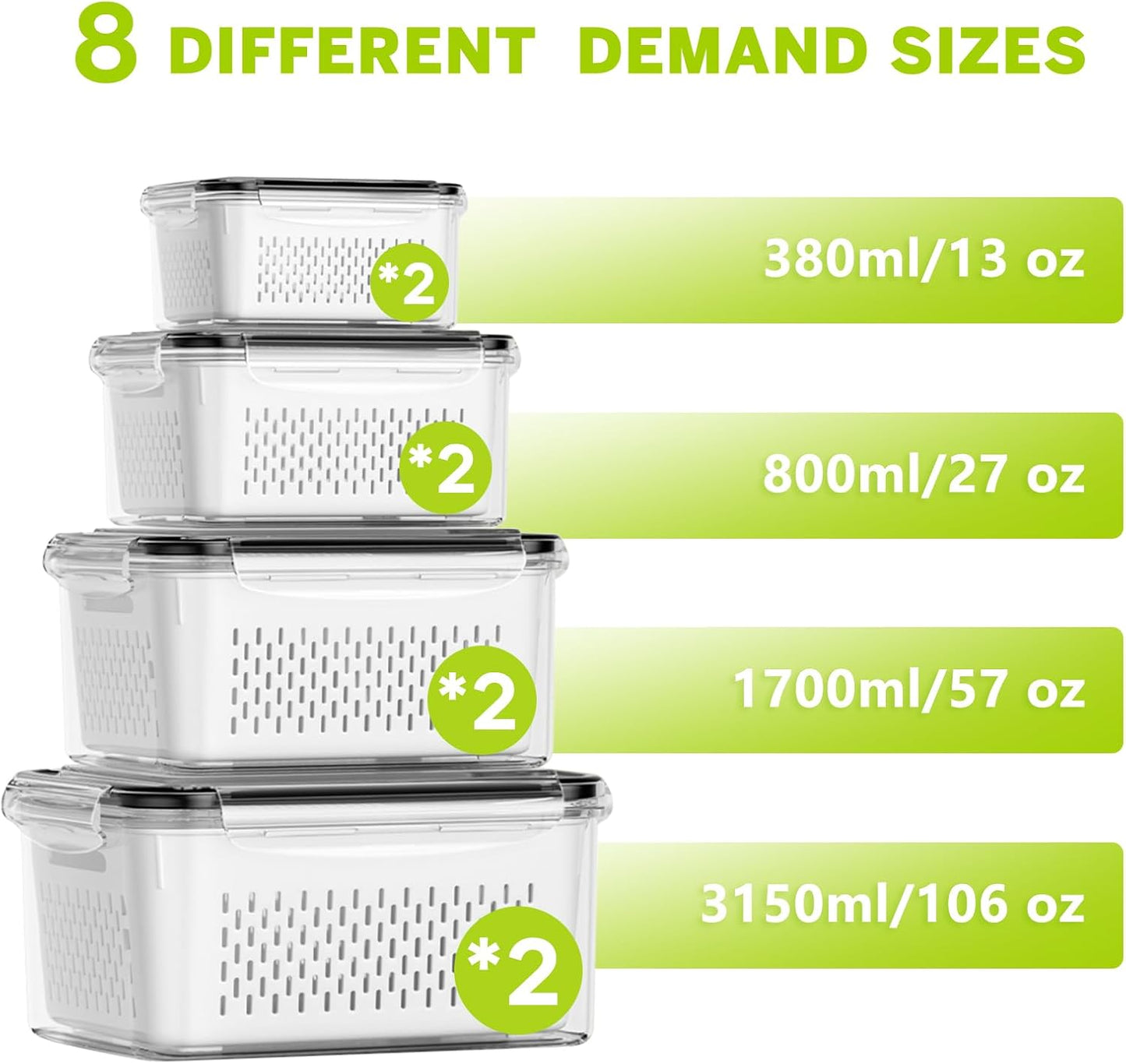5 Pack Fruit Storage Containers for Fridge, Plastic Fruit Containers Set | with Removable Colanders, Leakproof Fridge Organizers and Storage for Berry Vegetables Salad Lettuce Meat, Dishwasher Safe