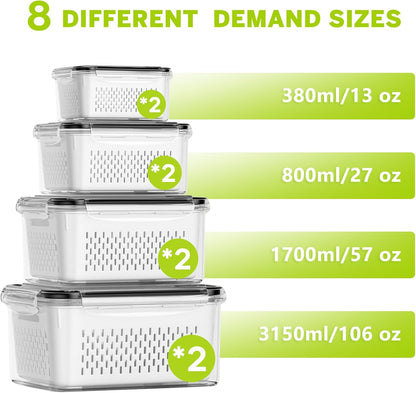 5 Pack Fruit Storage Containers for Fridge, Plastic Fruit Containers Set | with Removable Colanders, Leakproof Fridge Organizers and Storage for Berry Vegetables Salad Lettuce Meat, Dishwasher Safe