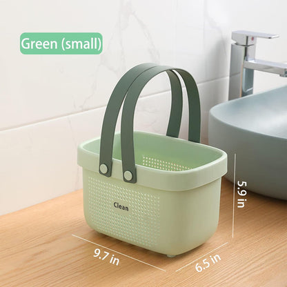 JiatuA Plastic Storage Basket with Handle Portable Shower Caddy Tote Organizer Basket Bin for Bathroom Kitchen Dorm Room Bedroom, Green | Sturdy Drainage Large Capacity Organizer Basket with Silicone Handles for Bathroom Kitchen Bedroom College Dorm