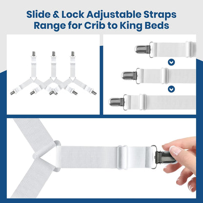 FeelAtHome Adjustable Bed Sheet Clips & Corner Fasteners, 4 Pack, White | Heavy Duty Elastic Straps Keep Fitted Sheets Securely in Place. Ideal Corner Holders for Twin, Queen, King, RV & Bunk Beds