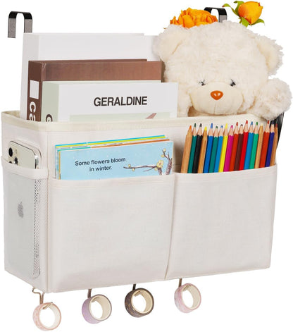Bedside Caddy Organizer 5 Pockets and 4 Hooks for Bunk Bed Pink | Hanging Storage Bag for Headboards