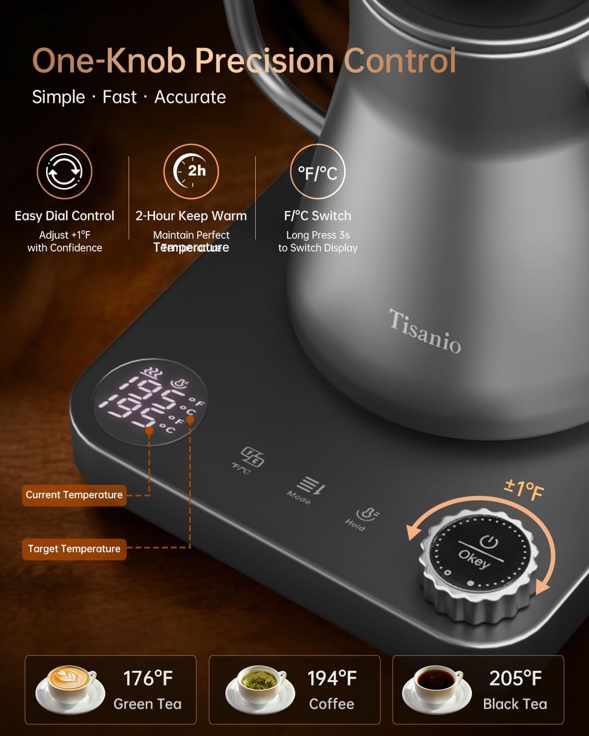 Gooseneck Electric Kettle with Temperature Control, 0.9L, Black | ±1°F Precision Pour Over Kettle, LCD Dual Display, Smart Two-Stage Heating, 2H Keep Warm, 304 Stainless Steel Interior