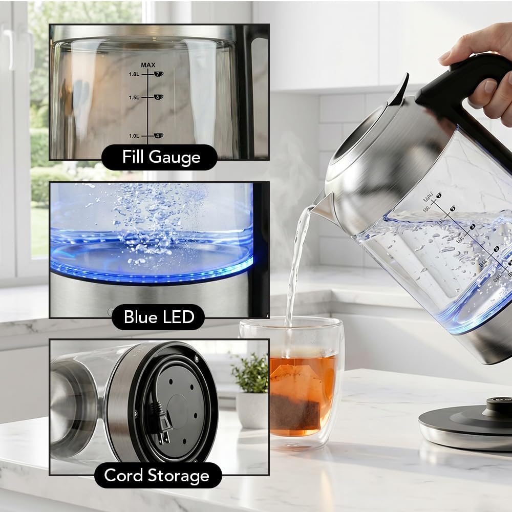 OVENTE 1.8L Glass Electric Kettle Water Boiler, Silver KG751S | 1500W Fast Boiling, Easy Fill Lid, Borosilicate Glass, BPA-Free, Blue LED, Auto Shut-Off, Boil-Dry Protection, Cordless