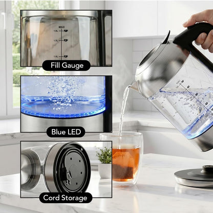 OVENTE 1.8L Glass Electric Kettle Water Boiler, Silver KG751S | 1500W Fast Boiling, Easy Fill Lid, Borosilicate Glass, BPA-Free, Blue LED, Auto Shut-Off, Boil-Dry Protection, Cordless