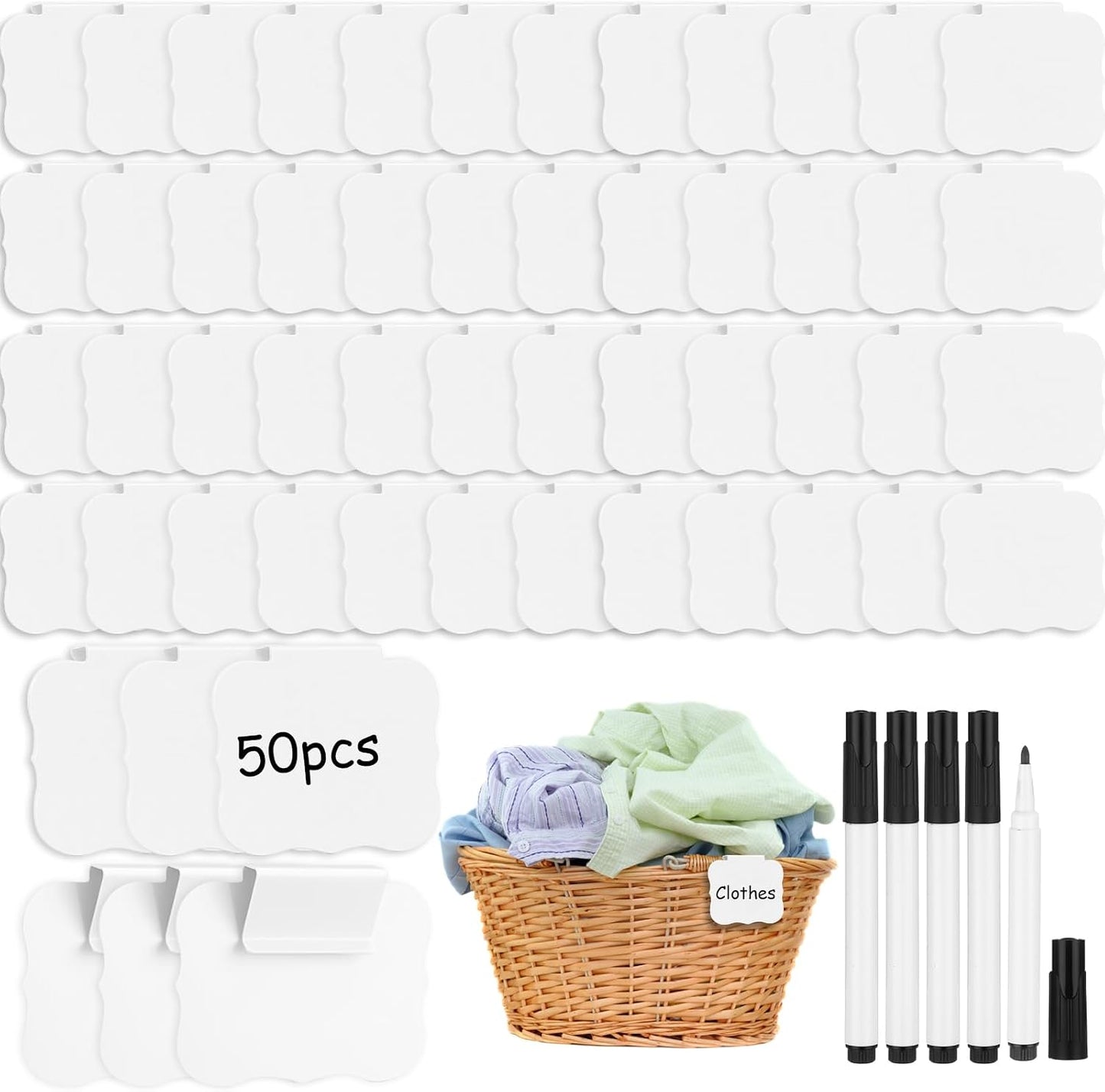 50 Pcs Black Basket Labels Clip on for Storage Bins, Removable PVC Bin Clip Labels with 4 Chalk Markers for Basket Pantry Cubes Organization Container