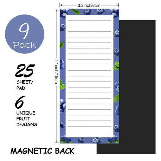 9 Pack Magnetic Notepads for Refrigerator, Magnetic Notepads for Refrigerator, Fruit Design Grocery List Pad for Fridge, Full Magnet Back Shopping Lists, 25 Sheets Per Note Pads
