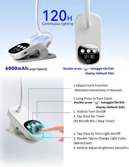 Clip On Desk Lamp Wireless 6000mAh Rechargeable LED Reading Light 3 Colors