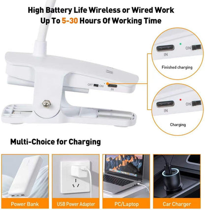 Cordless Rechargeable Clip On Desk Lamp Thick Flexible 360° Gooseneck