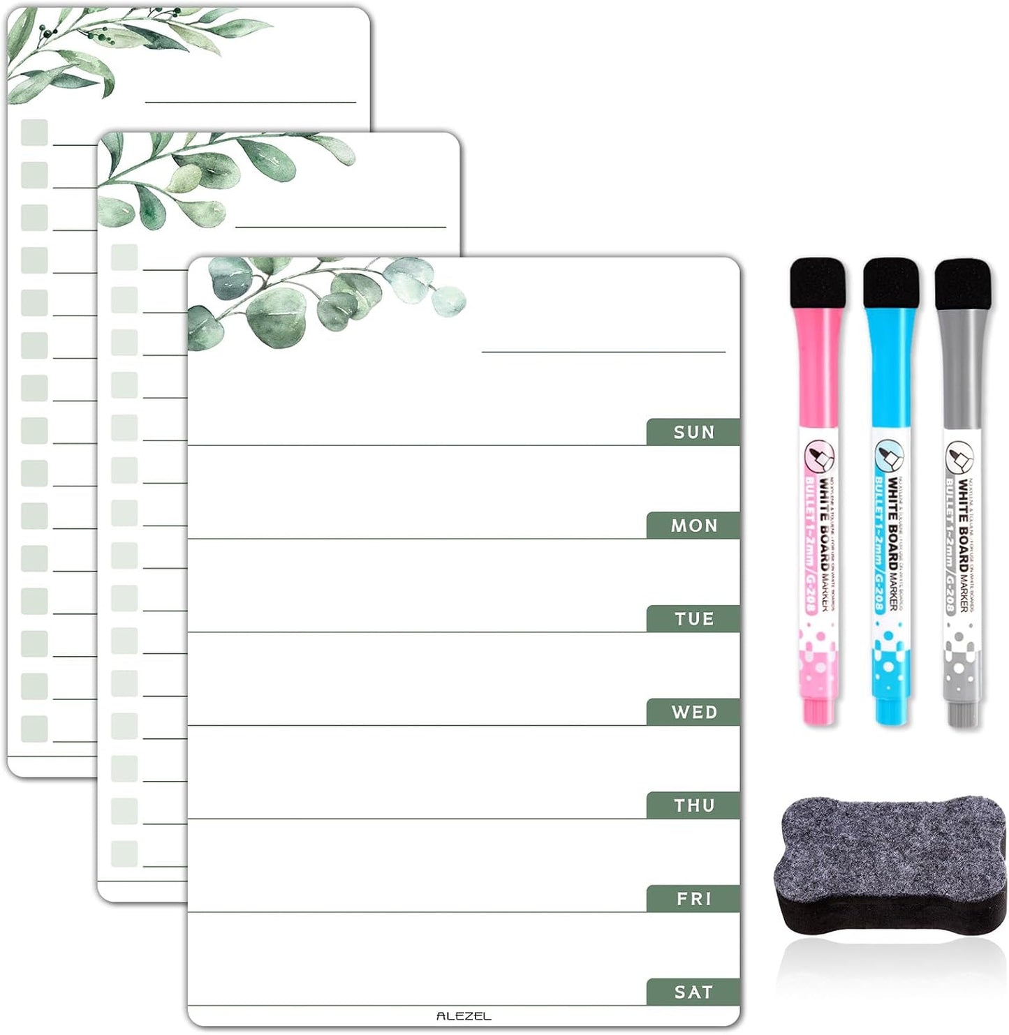 ALEZEL Weekly Calendar Whiteboard for Refrigerator, Magnetic Weekly Planner | Includes Weekly Dry Erase Board for Refrigerator & 2 Grocery/to Do List Whiteboards, 3 Markers + 1 Eraser
