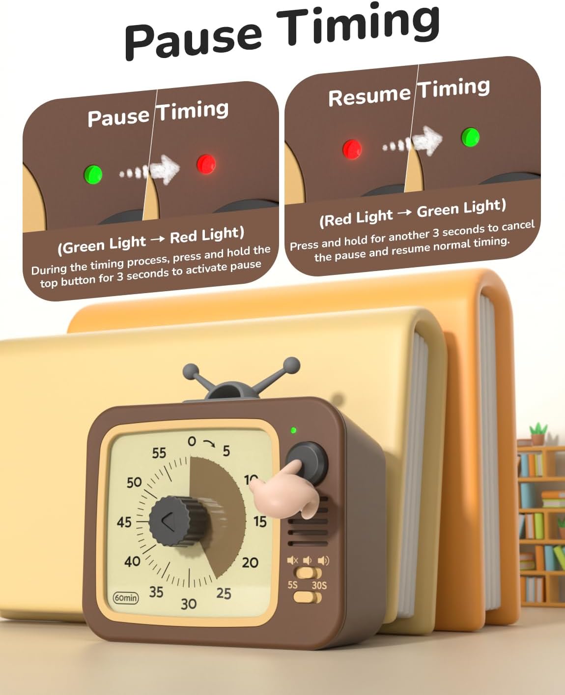 LIORQUE Visual Timer for Kids with Pause, 60 Minute Countdown Timer, Green | Non-Ticking, 3 Volume Levels, Back Magnetic, Two Ringing Durations, Light Indicator, for Classroom Kitchen Office ADHD