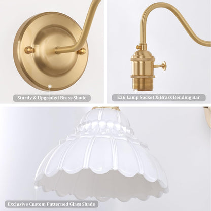Shenmoyl Battery Operated Wall Sconce Wall Lamp with Green Lily of the Valley Shade Pattern Glass Adjustable Chain Retro Gold Wall Mounted Light, Modern Wall Lamp Fixtures Decor for Bedside Bedroom