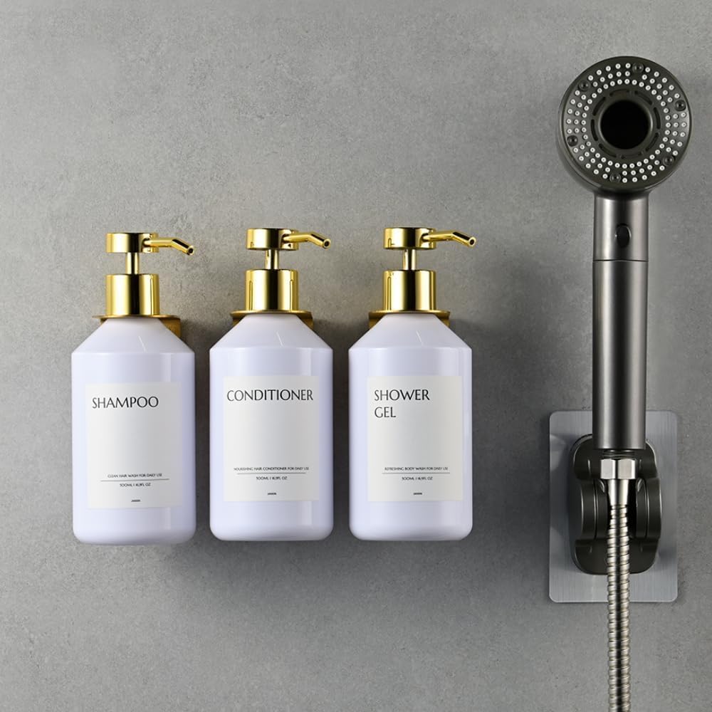Shampoo and Conditioner Dispenser Set of 3 for Wall Mount | 16.9 fl oz Drill Free Shower Soap Bottles,Refillable Body Wash Dispensers for Bathroom Decor (Amber Bottles + Bamboo Pumps)