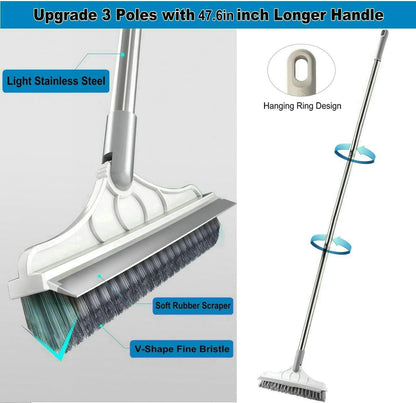 2 in 1 Cleaning Scrub Brush Grout Brush Scrapee 3 Poles 47.6'' Floor Scrub Brush with Long Handle V-Shape Stiff Bristle Brush Scrubber with Squeegee 120°Rotate Shower Scruber for Bathroom Glass