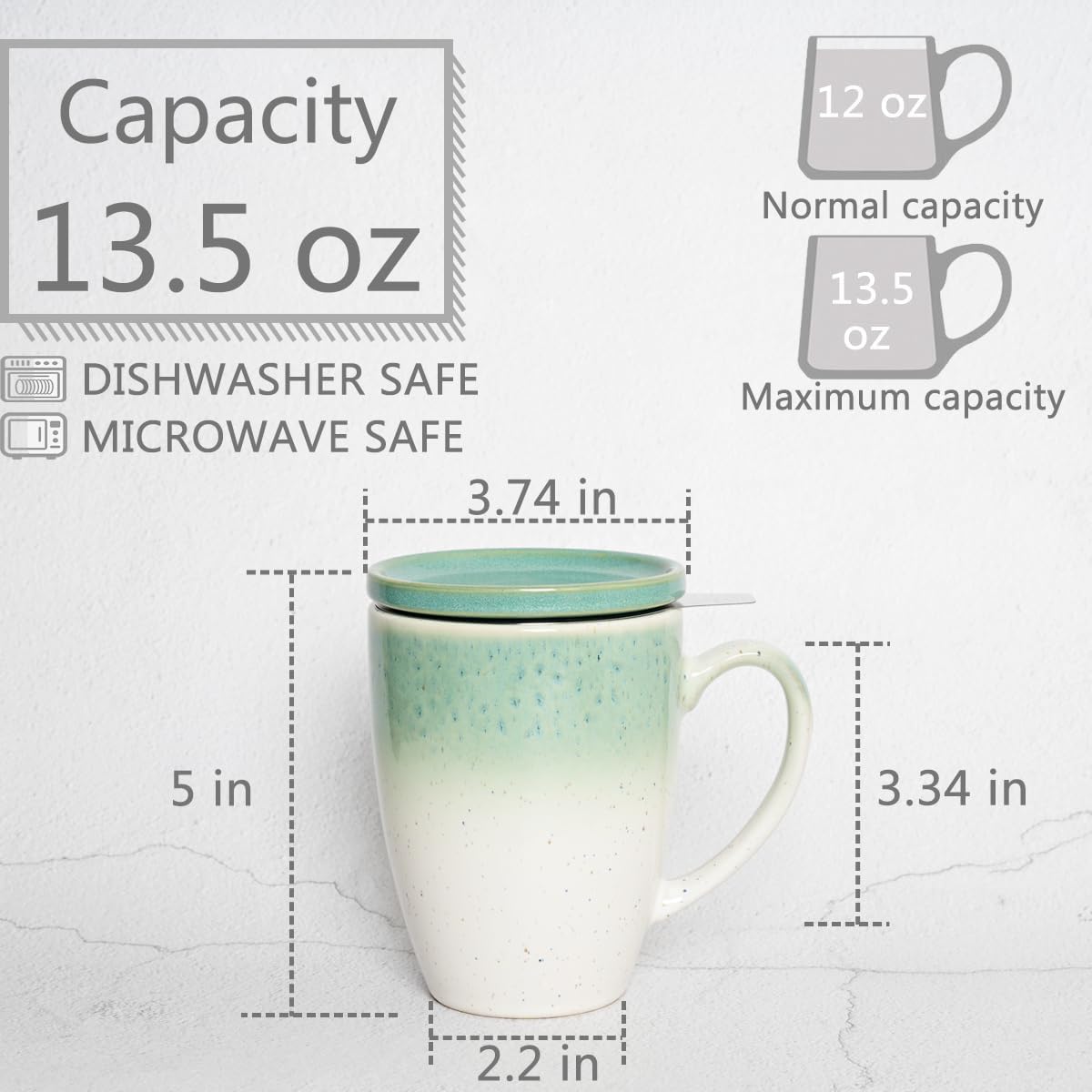 Bosmarlin Ceramic Tea Cup with Infuser and Lid, 13.5 Oz, Loose Leaf Tea Steeper Mug with Strainer, Microwave and Dishwasher Safe, Reactive Glaze (13.5 Oz, Pale Green)