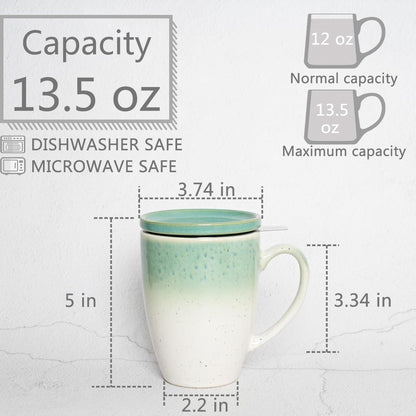 Bosmarlin Ceramic Tea Cup with Infuser and Lid, 13.5 Oz, Loose Leaf Tea Steeper Mug with Strainer, Microwave and Dishwasher Safe, Reactive Glaze (13.5 Oz, Pale Green)