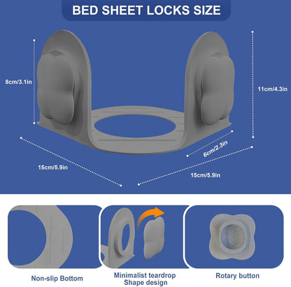 Bed Sheet Holders for Corners: 4 Pack Twist-Lock Clips Keep Sheets Tight Heavy-Duty Grippers Quick Install Fits All Mattresses（Grey）