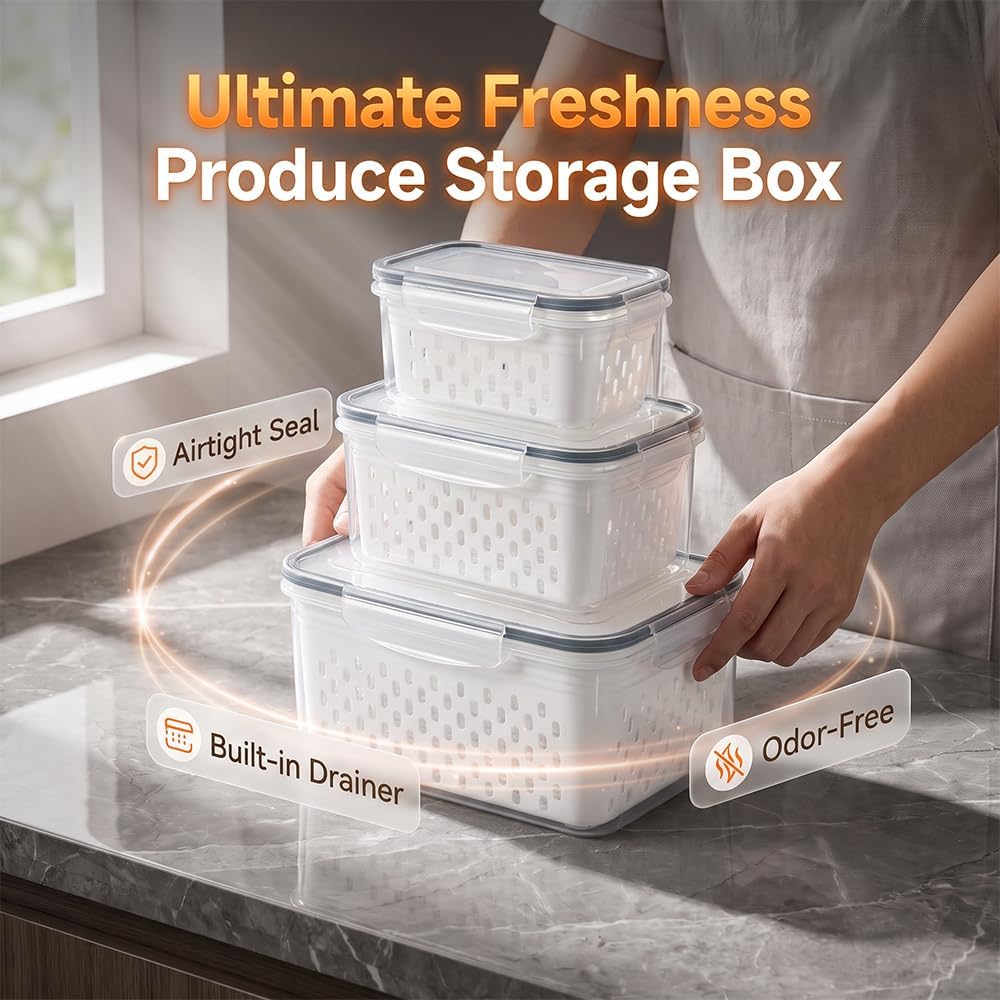 Fruit Storage Containers for Fridge, Leakproof Produce Containers with Colanders & Lids, Refrigerator Organizers and Storage for Berry Vegetable Salad Lettuce Meat Food, Blue, S+M+L