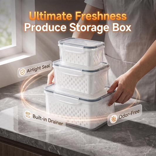 Fruit Storage Containers for Fridge, Leakproof Produce Containers with Colanders & Lids, Refrigerator Organizers and Storage for Berry Vegetable Salad Lettuce Meat Food, Blue, S+M+L