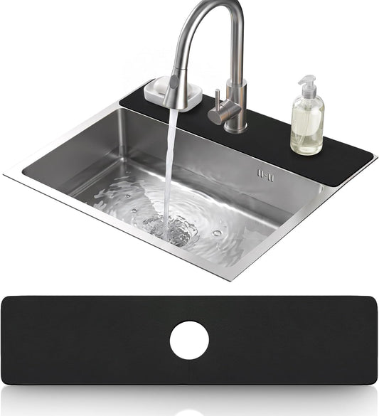 LOPNUR Cuttable Faucet Mat for Kitchen Sink, Long 24x5.5 Inch, Black | Super Absorbent & Fast Dry Diatomite Sink Splash Guard, 0.8-2.4 Inch Adjustable Faucet Hole, Cut to Fit Bathroom & RV Sinks