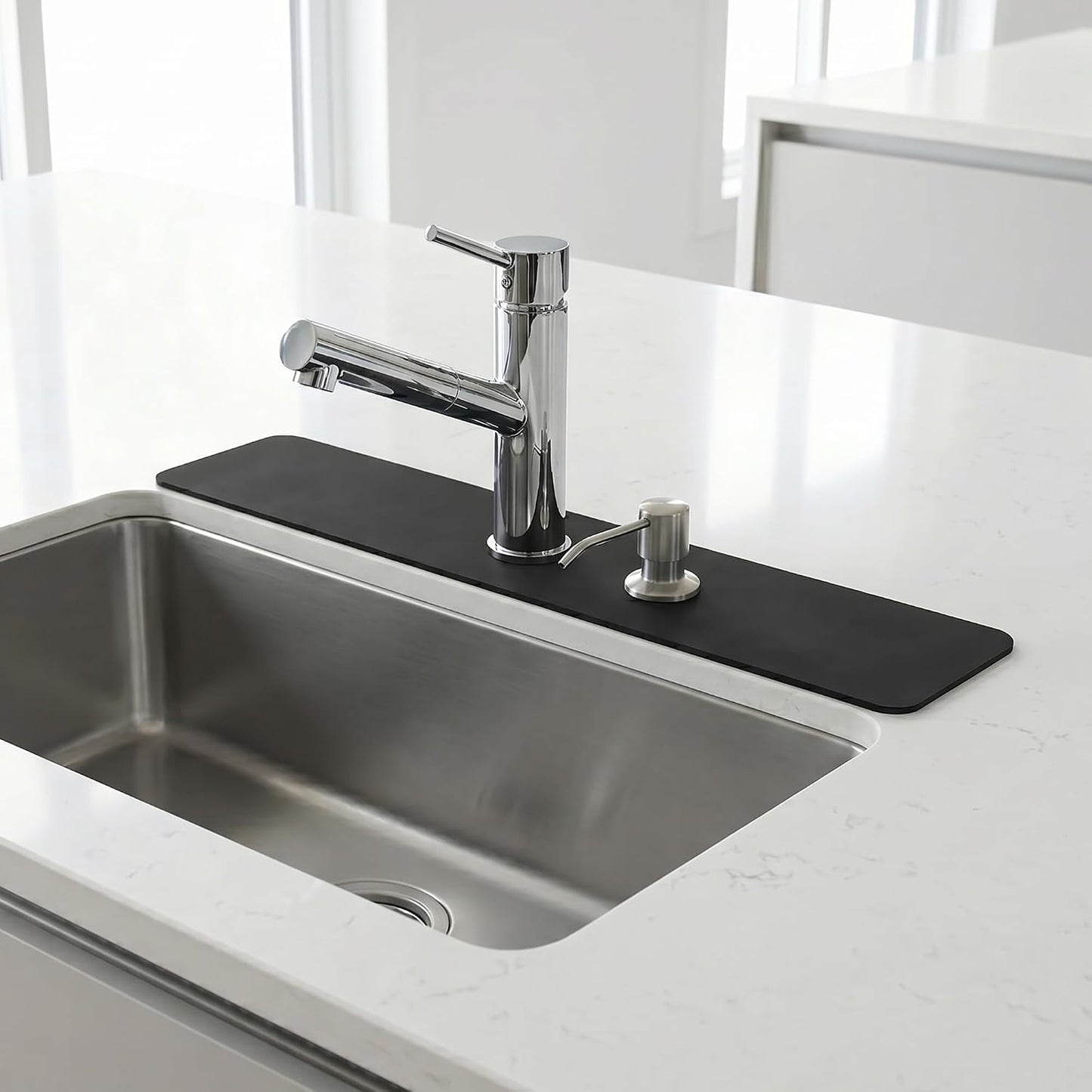 Absorbent Kitchen Sink Faucet Mat for 2-Hole 8" On-Center Faucets 30"x5.5" | Fits Sink with Soap Dispenser, Air Gap or Side Sprayer - Cuttable Drip Catcher Splash Guard for Irregular & 3, 4 Hole Sinks