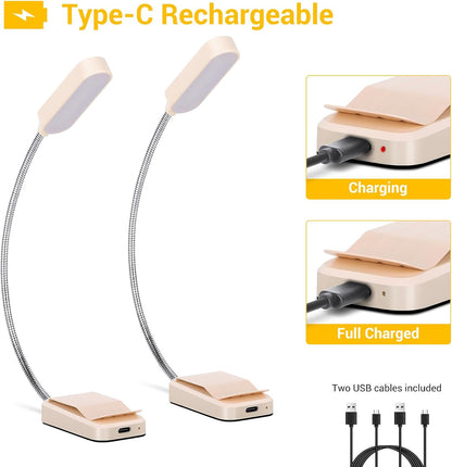 Book Light 2 Pack, Rechargeable Reading Lights for Books in Bed-Eye Caring 3 Colors, Stepless Dimming, 360° Flexible Studying Small Desk Lamp, Lightweight Clip-on LED Night Light for Book Lovers, Kids