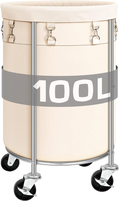 100L Round Rolling Laundry Hamper Basket with Wheels, Grey | Laundry Sorter Cart with Removable Bag, Clothes Organizer, Metal Frame, Bedroom, Bathroom, Laundry Room, Dorm Use