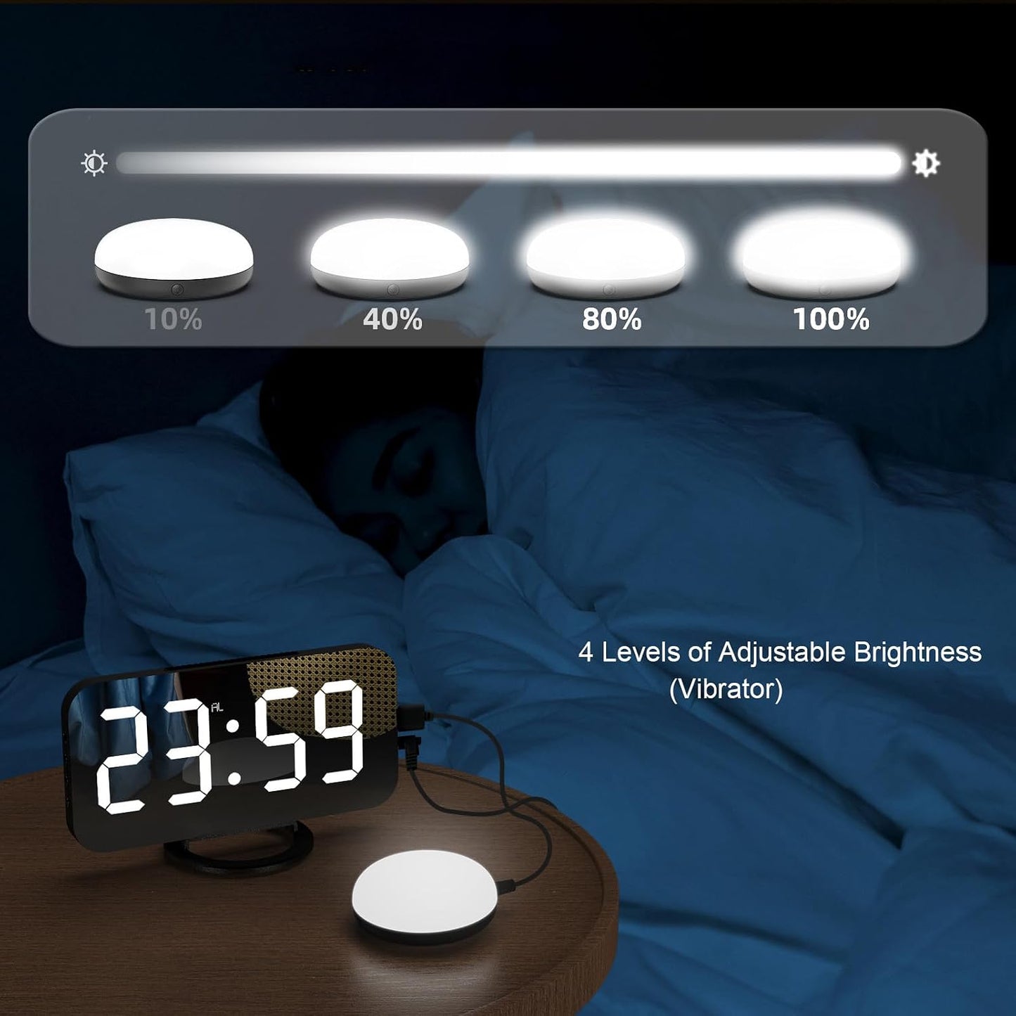 Digital Vibration Alarm Clock with Loud Sound 12/24 Hour Bed Shaker Auto-Dimming Night Light Snooze Memory Function for Heavy Sleepers Bedroom Home