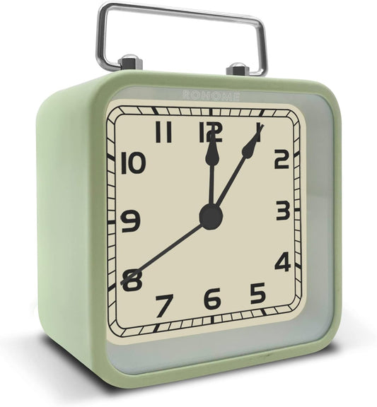 Rohome Small Alarm Clock, Retro Silent Quartz Movement with Night Light, Decorative Vintage Non Ticking Clock for Living Room, Office, Desk, Bedroom, Bedside, Hotel, Shelf, Nightstand (Green)