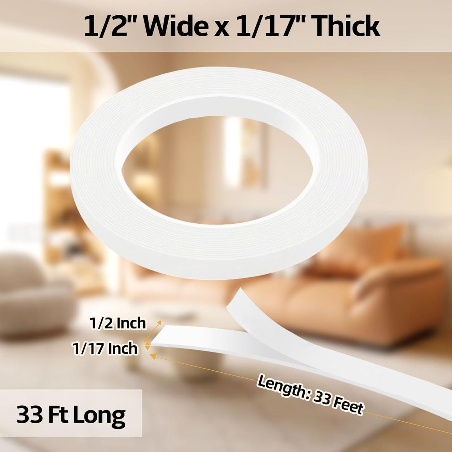 1 in Wide x 1/8 in Thick x 33FT Foam Weather Stripping Door Seal,Window Sealing Tape，Single-Sided Self-Adhesive Insulation Sealing Strip White