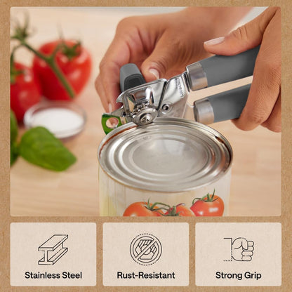 GORILLA GRIP Original Model Stainless Steel Smooth Edge Manual Can Opener and Bottle Openers, US Designed, Comfortable Handle, Oversized Handheld Turn Knob, Multifunctional Kitchen Tool, Gray