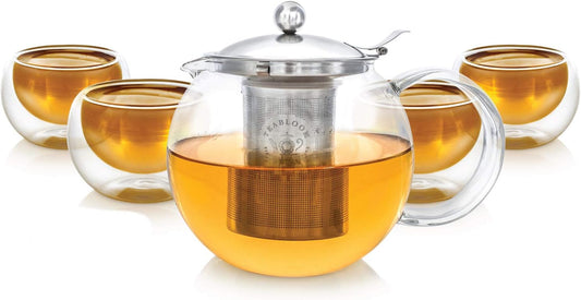 Teabloom Stovetop Safe Glass Teapot with Removable Infuser (40oz/1200ml) and Four Double Walled Glass Cups (5oz/150ml) - Classica Tea Set
