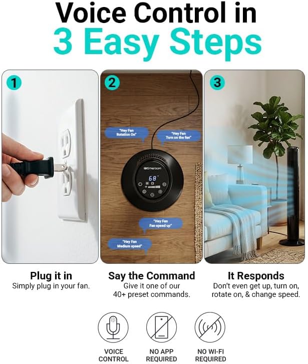 Emerson SmartVoice 40” Tower Fan, Wi-Fi-free Voice Control Fan, Hands-Free Cooling, No WiFi, No App, 70° Oscillation, 3 Speeds, 15-Hr Timer, Sleep Mode & Remote Control