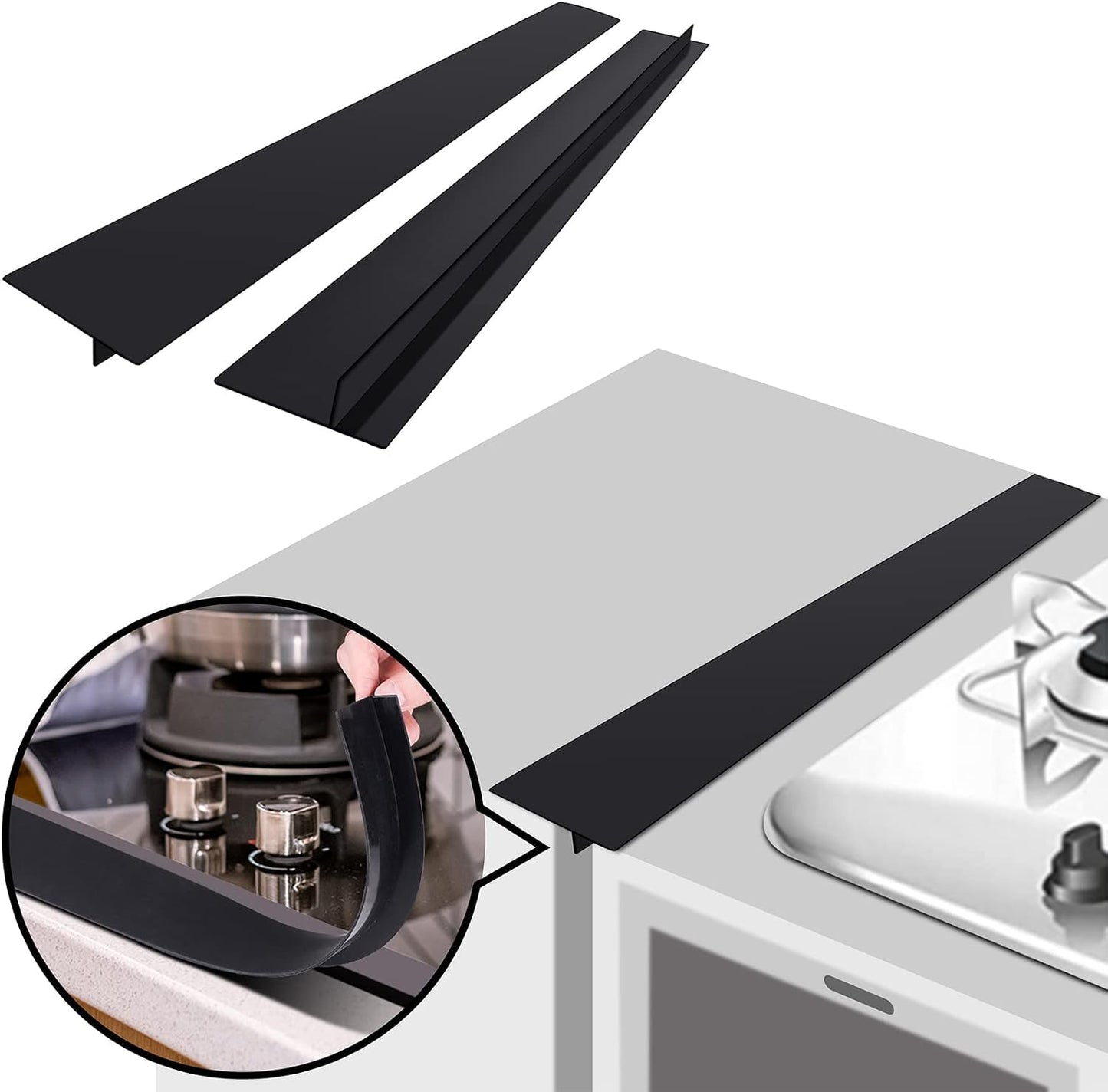 Silicone Stove Gap Covers Strips for Kitchen Stove Top Guard Easy Clean Heat Resistant Filler Counter Washer & Dryer Between 2 Pcs 21 Inch Black