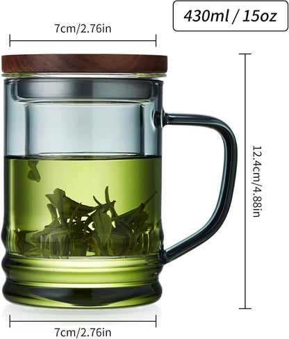 Unbreakable Glass Tea Cup with Infuser and Lid 14.5 fl oz, Heat Resistant Borosilicate Glass Tea Infuser Mug for Blooming and Loose Leaf Tea, Gas Stovetop Safe