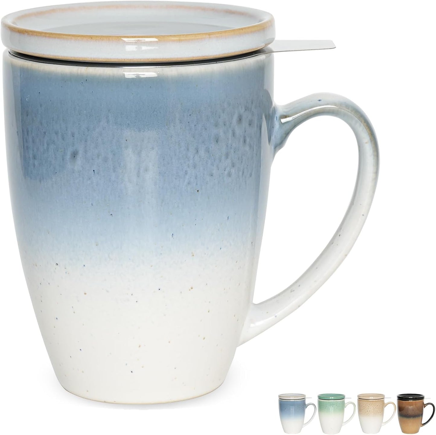 Bosmarlin Ceramic Tea Cup with Infuser and Lid, 13.5 Oz, Loose Leaf Tea Steeper Mug with Strainer, Microwave and Dishwasher Safe, Reactive Glaze (13.5 Oz, Pale Green)